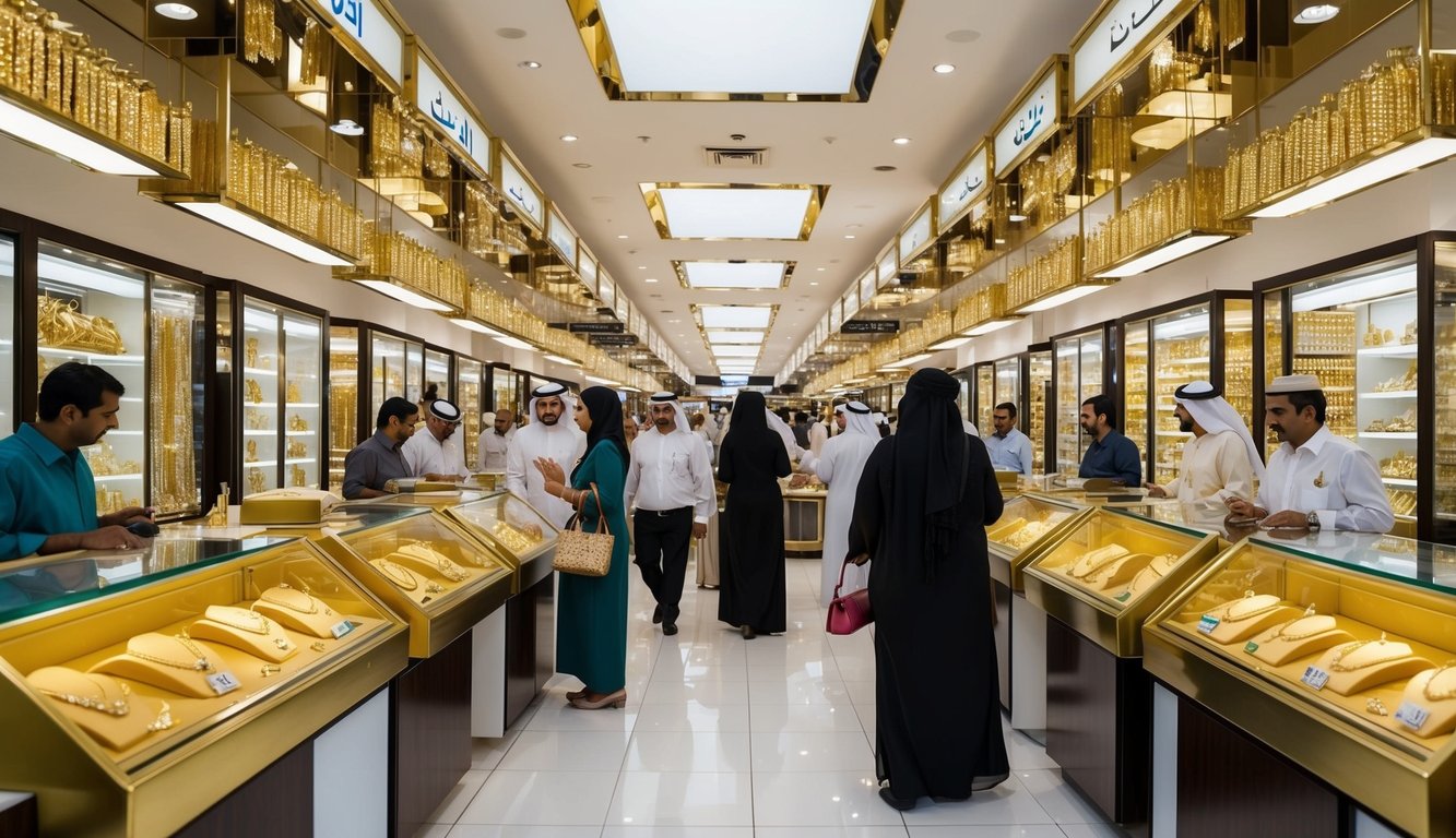 A bustling Dubai market with gold jewelry shops and investment offices. Shiny displays and busy customers indicate a thriving gold investment scene