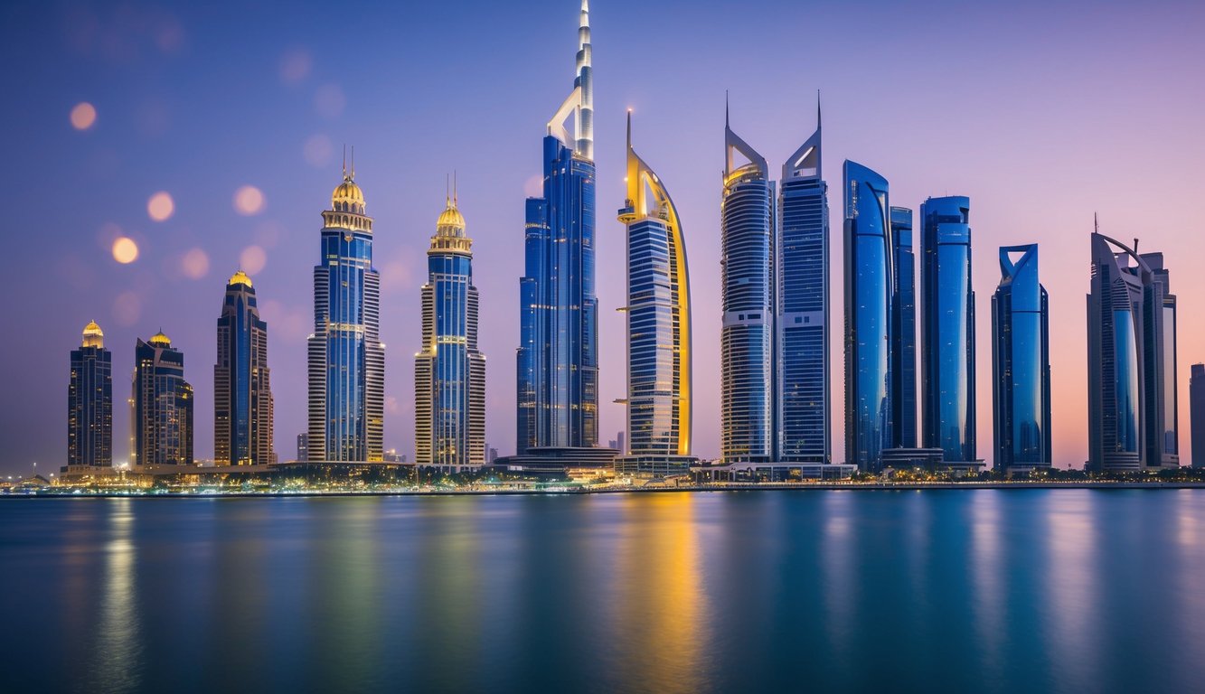 A bustling Dubai skyline with iconic landmarks, a glowing gold market, and a group of investors discussing opportunities