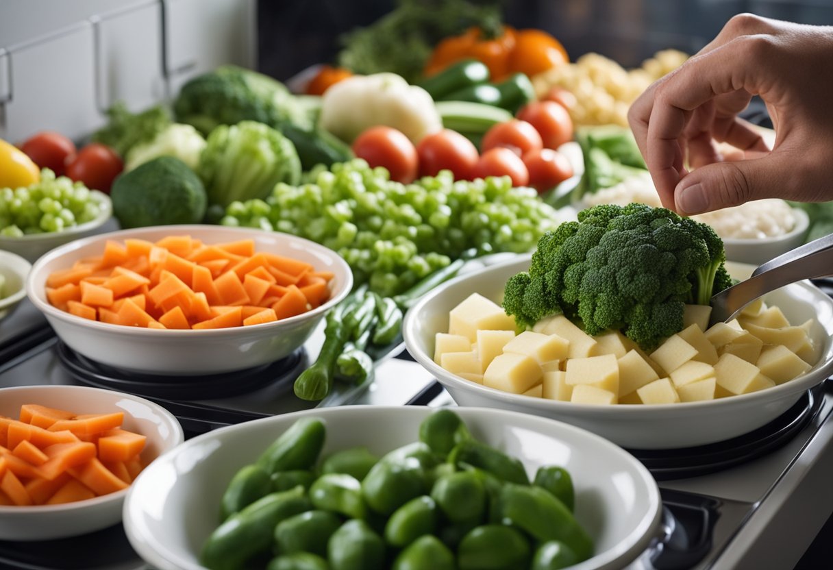 Uma variedade de vegetais frescos sendo cuidadosamente selecionados e picados, com um micro-ondas ao fundo pronto para preparar um rápido soufflé de legumes.