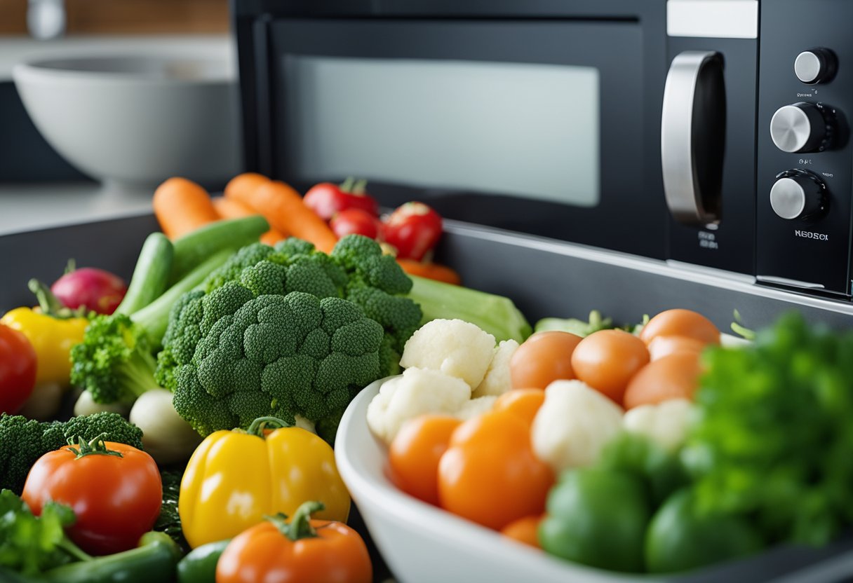 Uma colorida variedade de vegetais frescos sendo misturados e preparados em um recipiente próprio para micro-ondas, prontos para serem transformados em um rápido e delicioso soufflé de legumes.