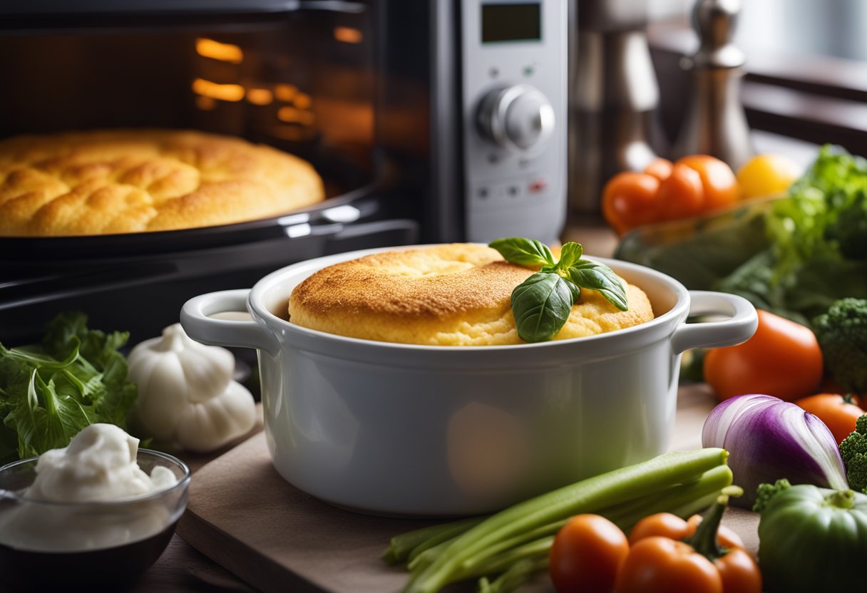Um soufflé fumegante sai de um micro-ondas, cercado por vegetais coloridos e um livro de receitas.
