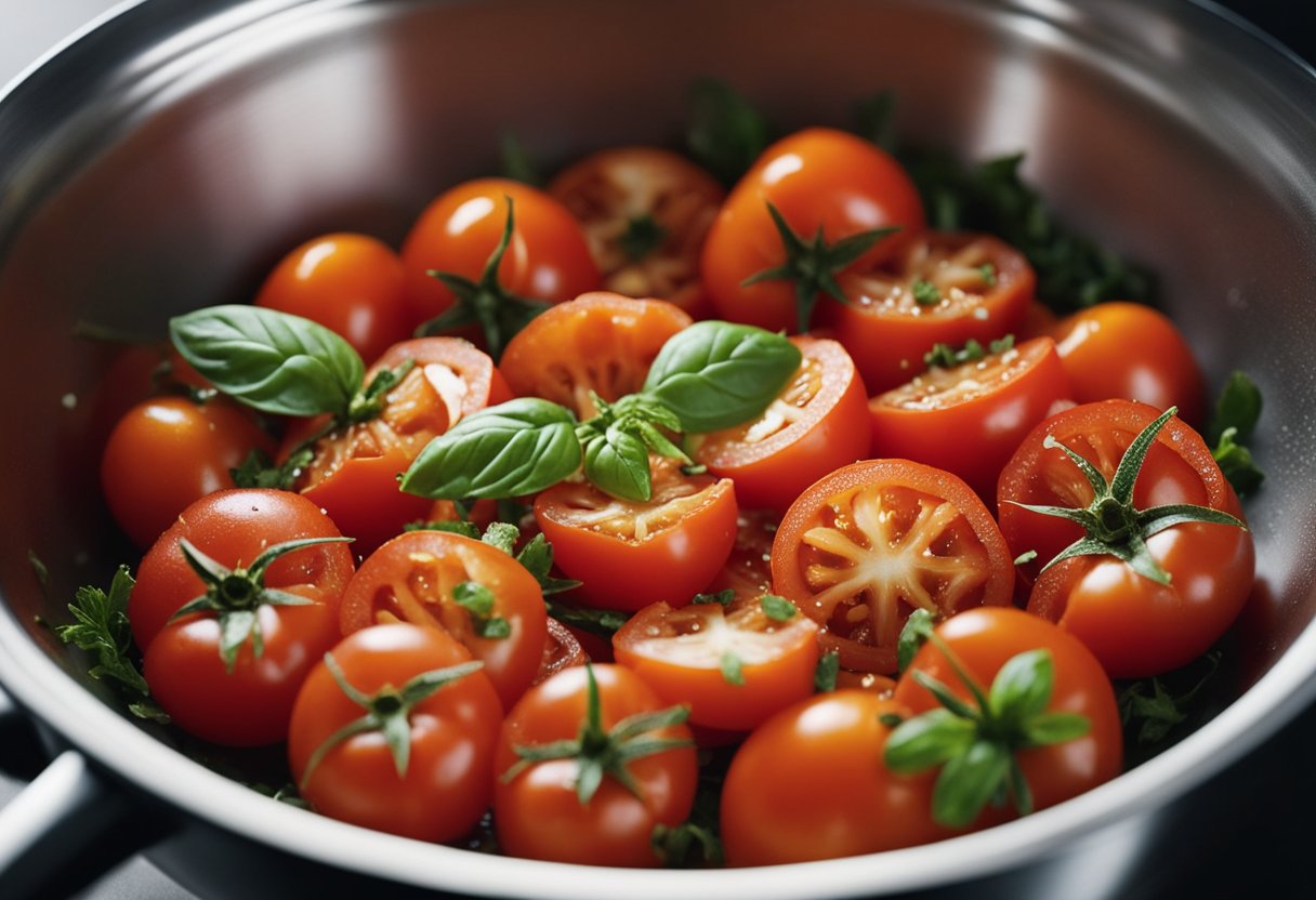 Tomates frescos, alho e ervas cozinham em uma tigela própria para micro-ondas. O vapor sobe enquanto os ingredientes se misturam em um rico molho de tomate caseiro.