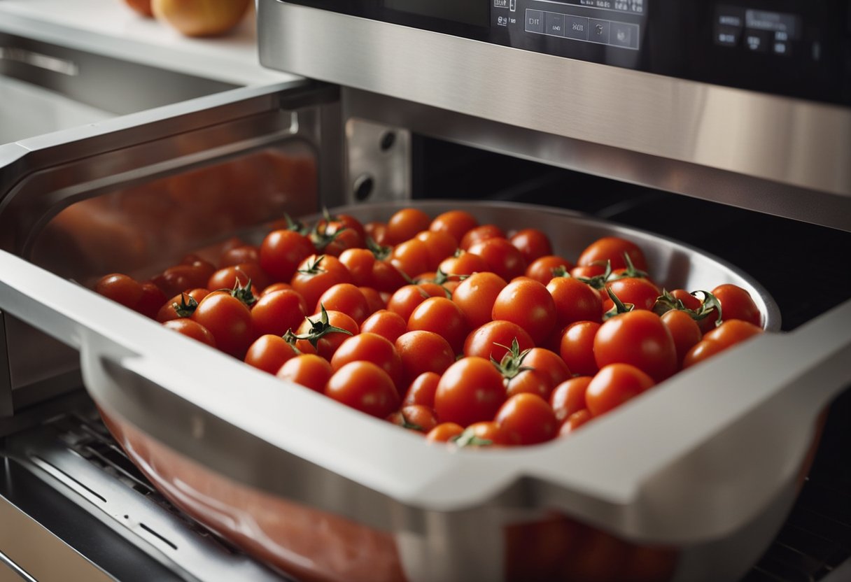 Tomates frescos sendo selecionados e lavados, depois picados e colocados em uma tigela própria para micro-ondas. A tigela é então colocada no micro-ondas por 10 minutos para criar um molho de tomate caseiro rápido.