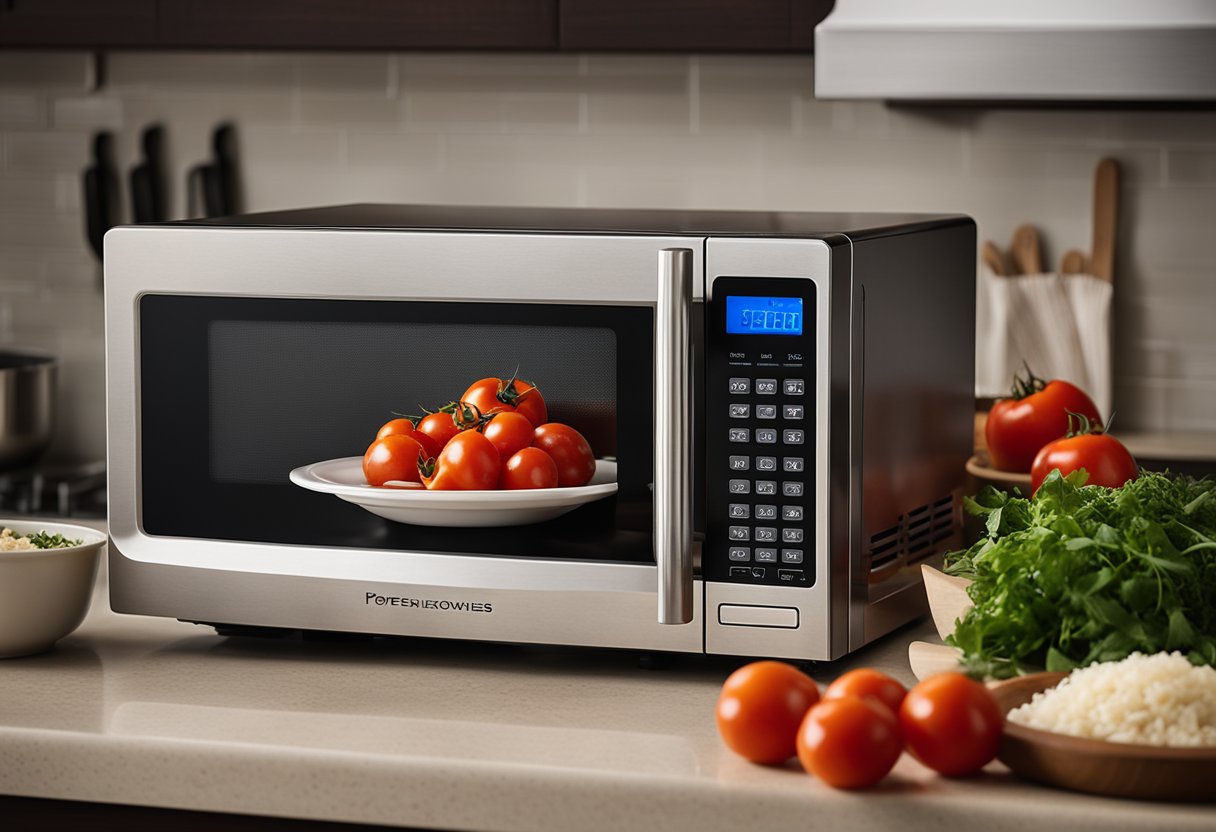Um micro-ondas está em uma bancada da cozinha, com uma tigela de tomates frescamente picados, alho e ervas ao lado. O timer marca 10 minutos enquanto os ingredientes estão sendo combinados.