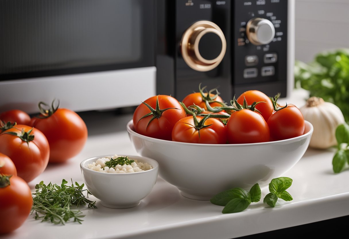 Uma tigela de tomates frescos, alho e ervas sendo colocada em um micro-ondas. Temporizador ajustado para 10 minutos.