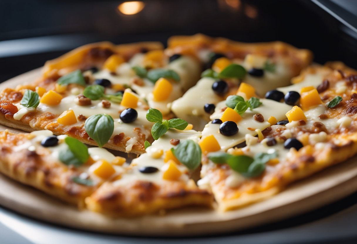 Uma pizza com crosta de tortilha girando dentro de um micro-ondas. Queijo e coberturas borbulhando enquanto cozinha.