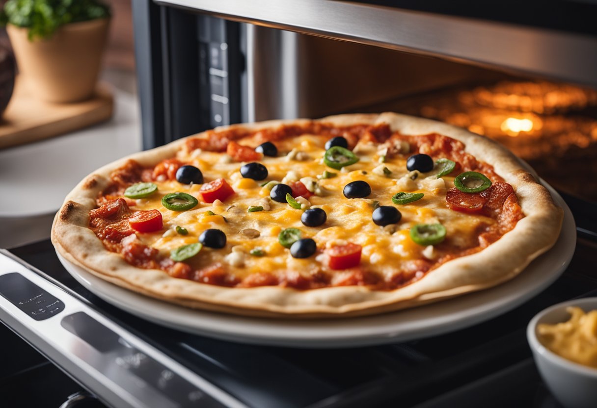 Uma única pizza de tortilha está em um prato próprio para micro-ondas, coberta com molho, queijo e vários recheios, pronta para ser aquecida no micro-ondas.