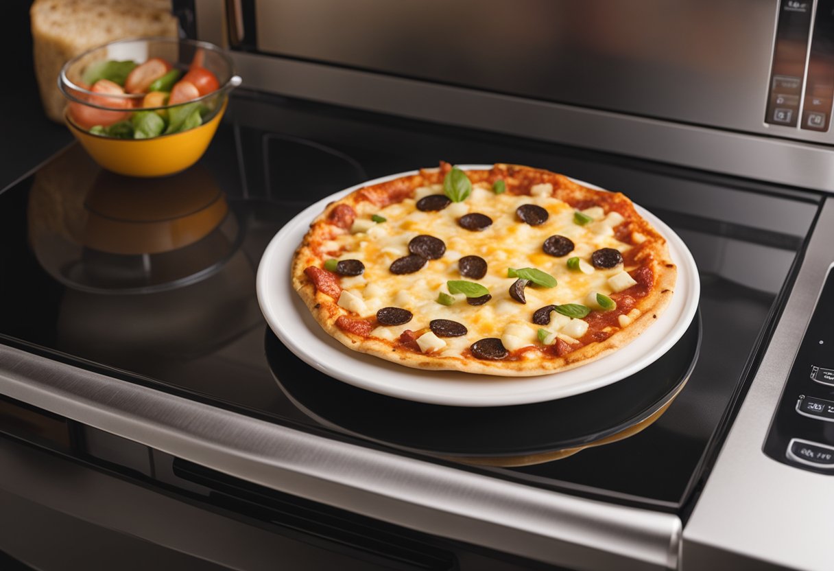 Uma base de pizza de tortilla está em um prato seguro para micro-ondas, coberta com molho e queijo, pronta para ser cozida no micro-ondas.