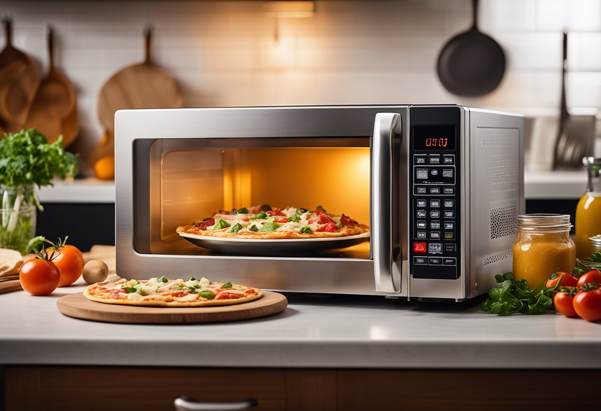 Um micro-ondas com uma pizza de tortilla cozinhando dentro, cercado por ingredientes e utensílios em uma bancada de cozinha
