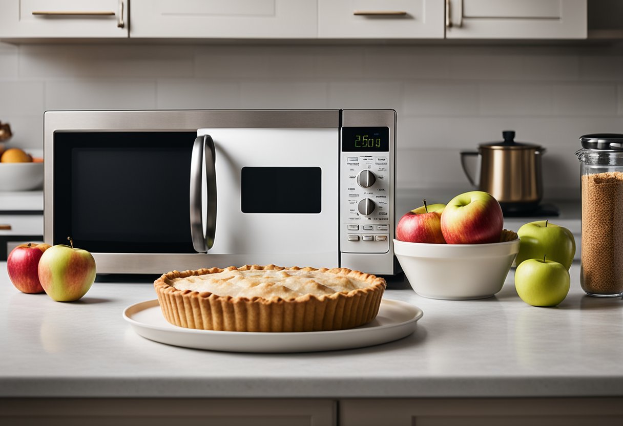 Um micro-ondas está em uma bancada da cozinha, cercado por ingredientes para uma torta de maçã rápida. Maçãs, açúcar, canela e uma massa de torta estão dispostos na bancada prontos para serem montados.