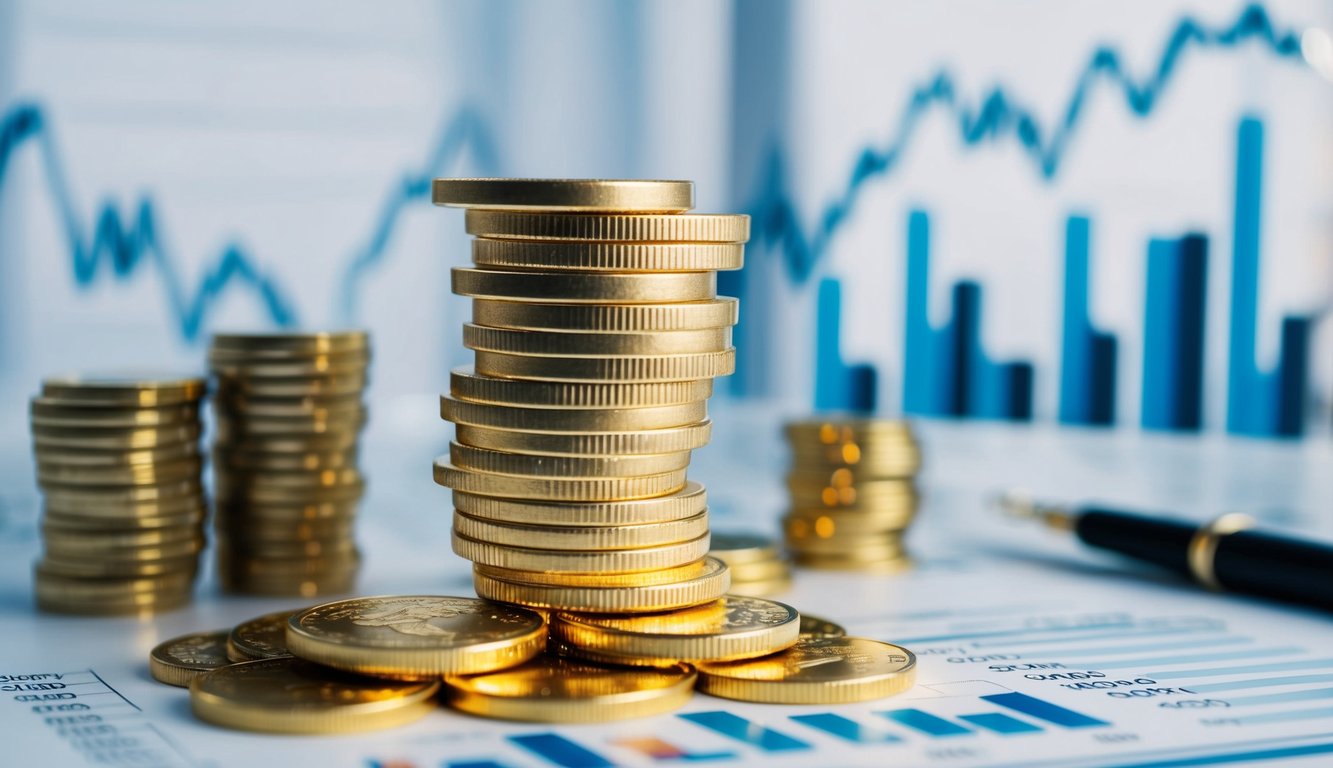 A stack of gold coins and bars surrounded by financial charts and graphs