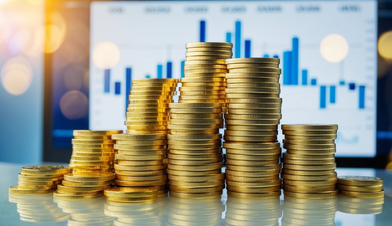 A stack of gold coins and bars arranged on a table, with a chart showing price fluctuations in the background