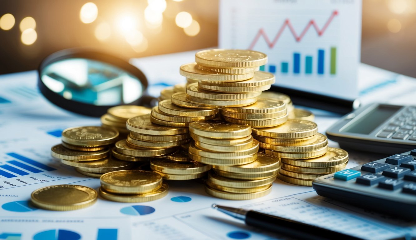 A pile of gleaming gold coins and bars, surrounded by financial charts and graphs, with a magnifying glass and calculator nearby for analysis