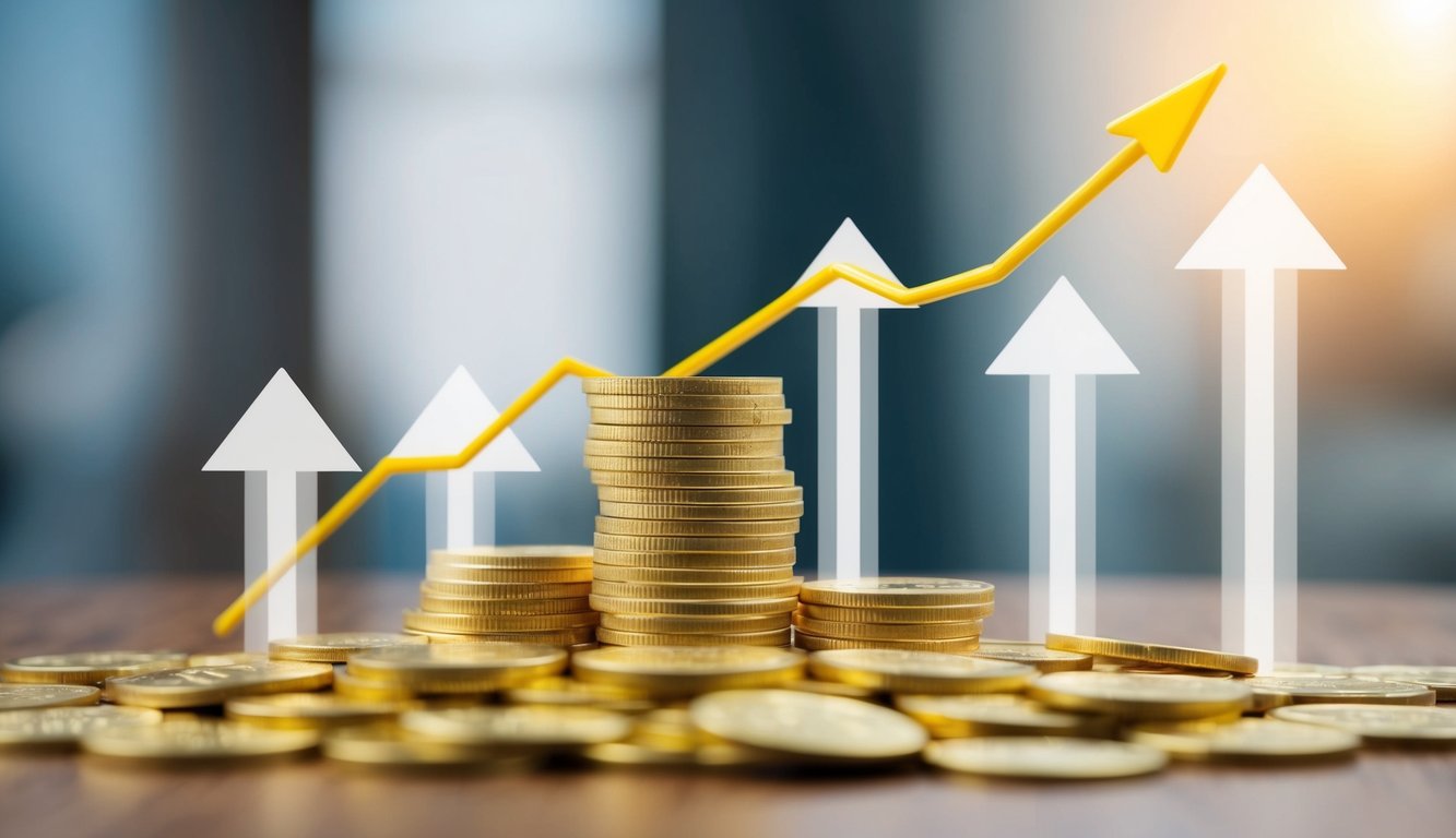 A stack of gold coins surrounded by upward-pointing arrows and a line graph showing an upward trend