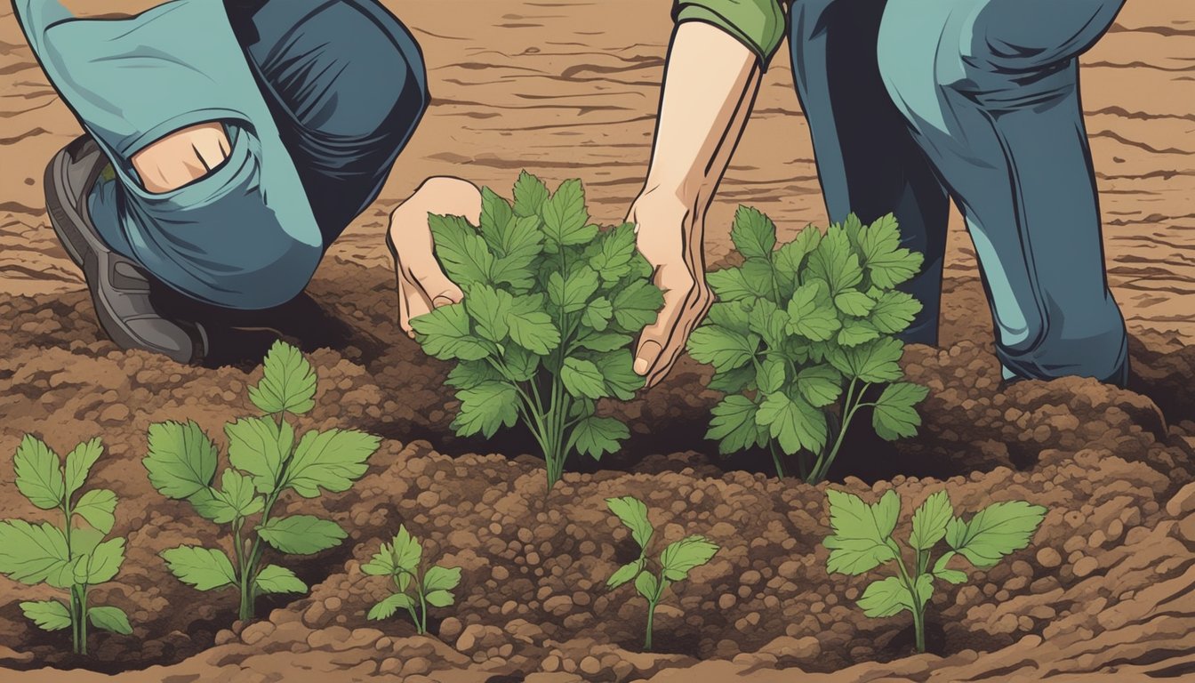 A pair of hands gently holding a limp lovage plant, carefully digging a hole in the soil, and placing the plant in the ground