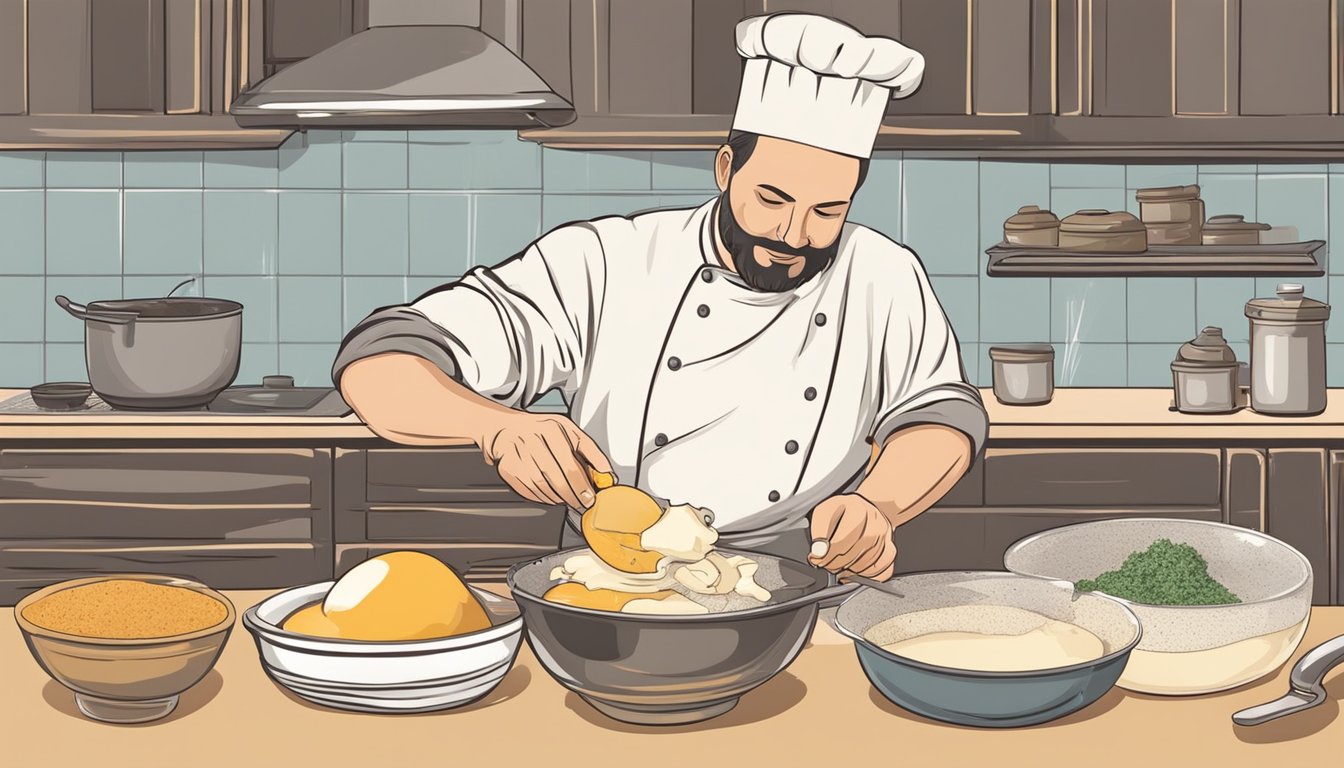 A chef mixing eggs, milk, and spices into a bowl of torn, stale bread before pouring the mixture into a baking dish