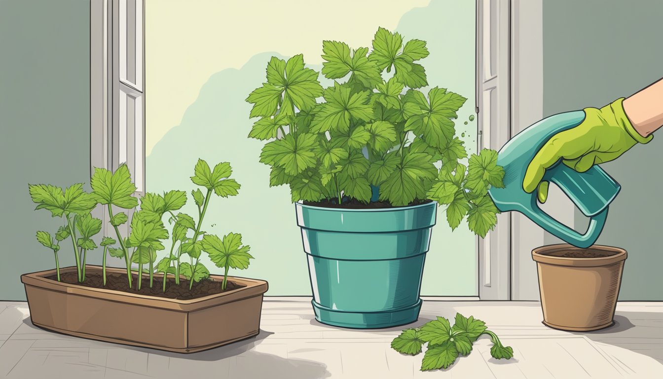 A pair of gardening gloves carefully trimming and watering a drooping lovage plant back to life