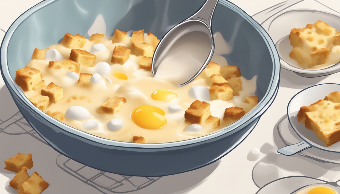 A bowl of stale bread pudding being soaked in a mixture of eggs, milk, and sugar, ready to be baked and revived