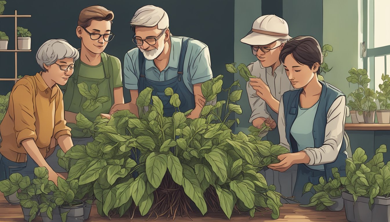 A group of people gathered around a wilted sorrel plant, sharing tips and knowledge to revive it