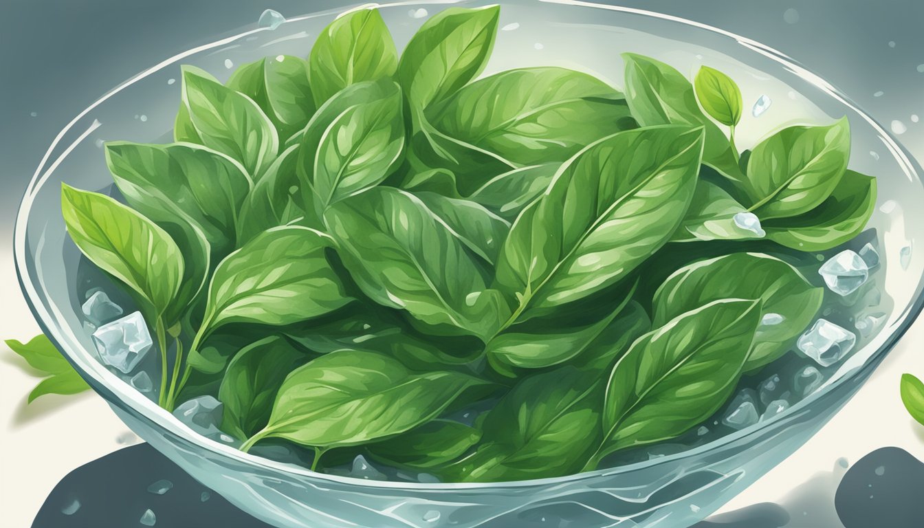 Fresh sorrel leaves springing back to life in a bowl of ice water