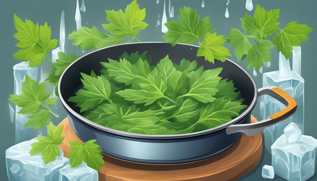 Fresh lovage leaves being soaked in ice water, then placed in a vibrant, sizzling pan