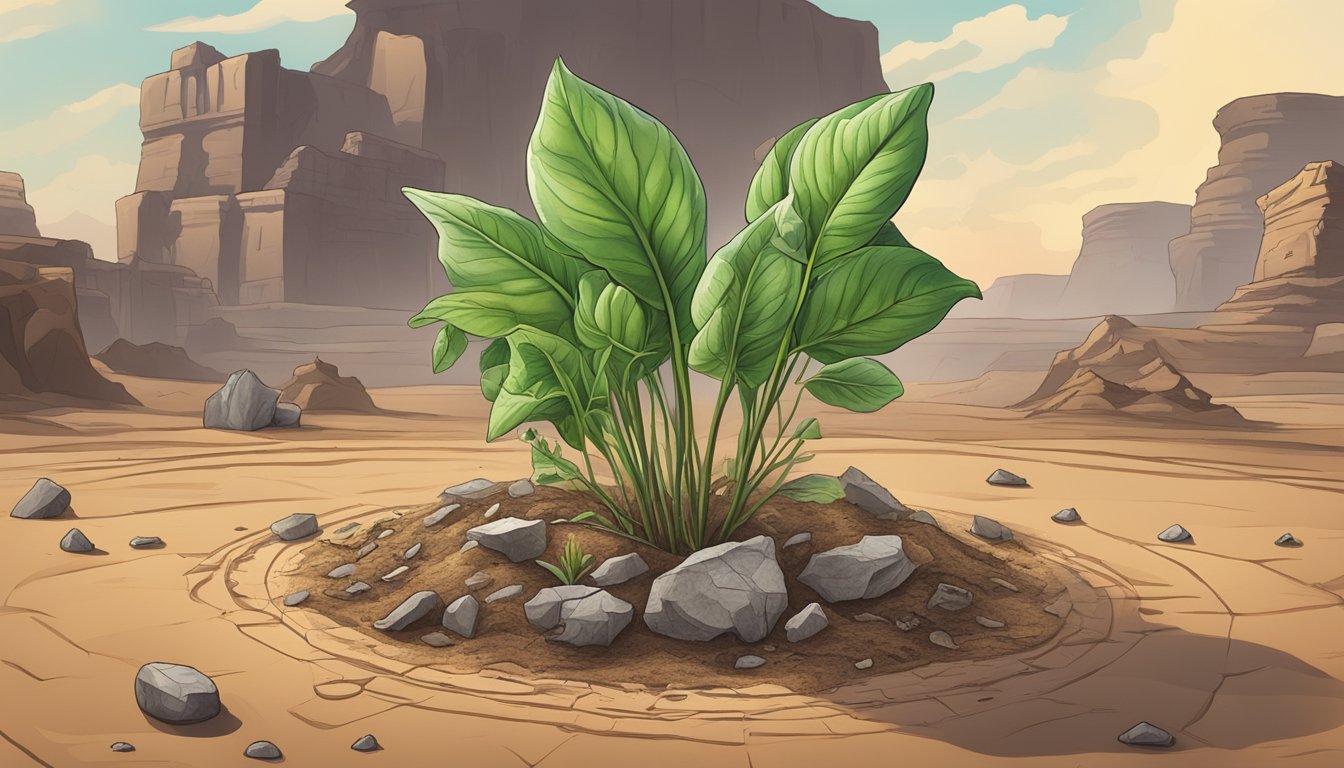 A vibrant sorrel plant rising from dry, cracked earth, surrounded by ancient artifacts and symbols of cultural importance