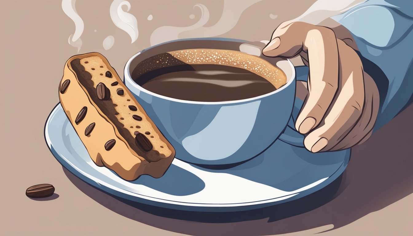 A hand holding a biscotti over a steaming cup of coffee, with the biscotti beginning to soften and regain its freshness