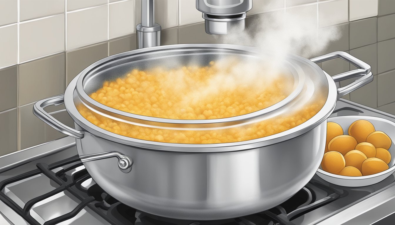 A pot of overcooked kamut being strained over a sink, steam rising