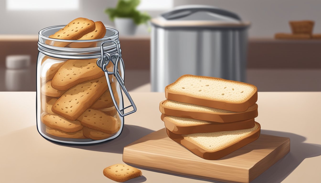 A jar of stale biscotti being placed in an airtight container with a fresh slice of bread to absorb moisture