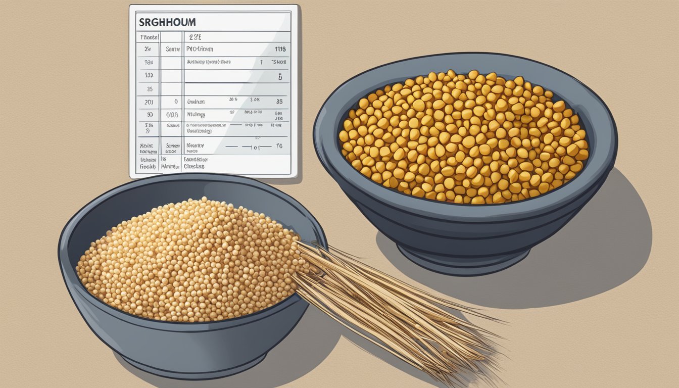 A bowl of overcooked sorghum with a nutritional profile chart next to it