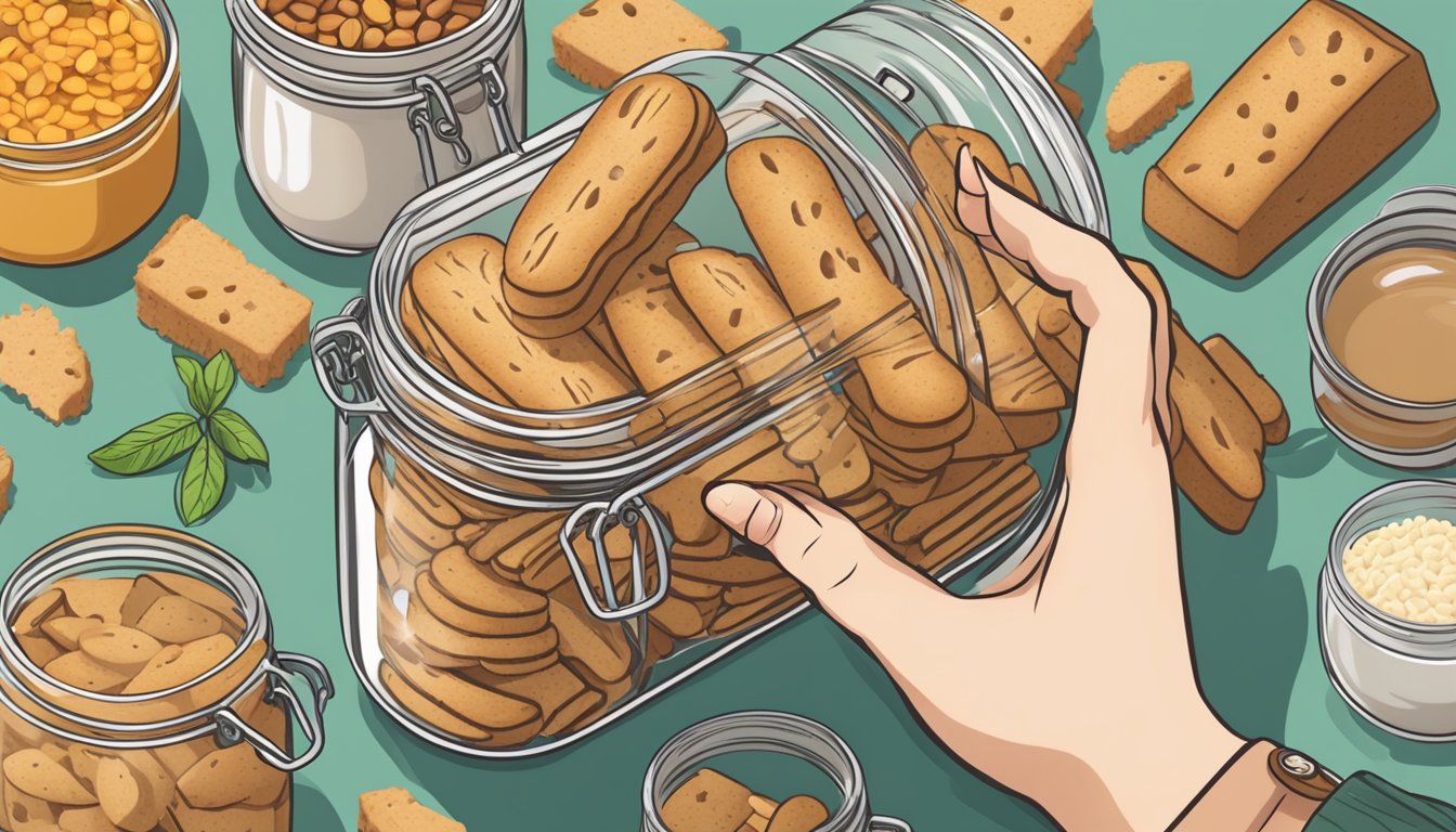 A hand reaching for a jar of biscotti, surrounded by fresh ingredients and safety seals