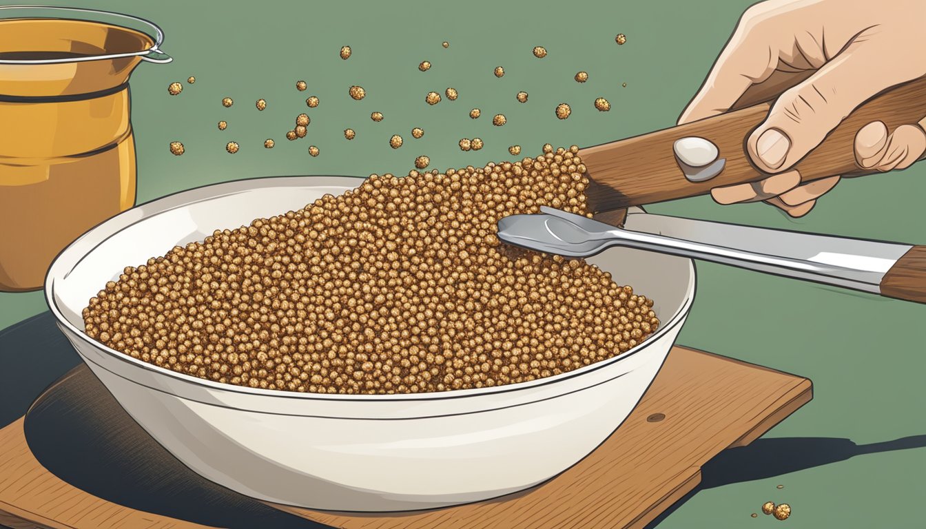 A bowl of overcooked sorghum being discarded, while a fresh batch of perfectly cooked sorghum is being served onto a plate