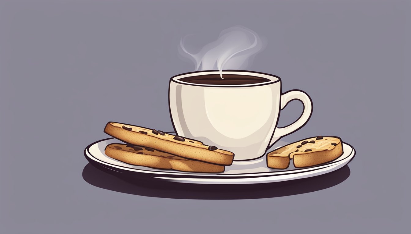 A plate of biscotti being dipped into a steaming cup of coffee