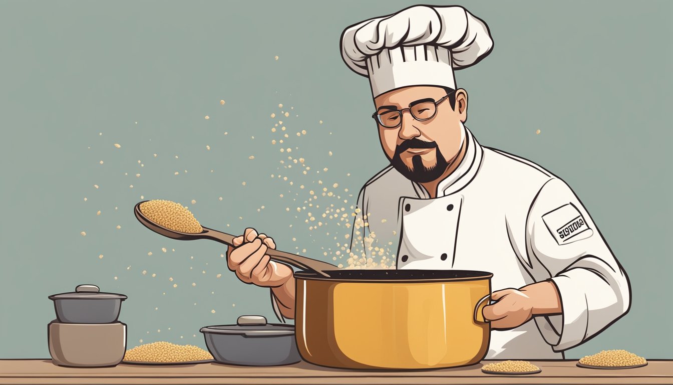 A chef scoops out overcooked sorghum from a pot, with a frustrated expression on their face