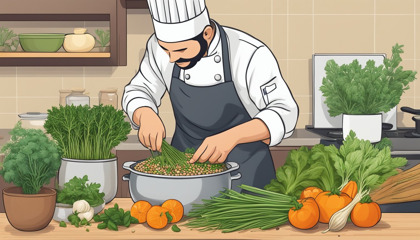 A chef adding fresh herbs and vegetables to a pot of overcooked kamut, creating an innovative and visually appealing dish