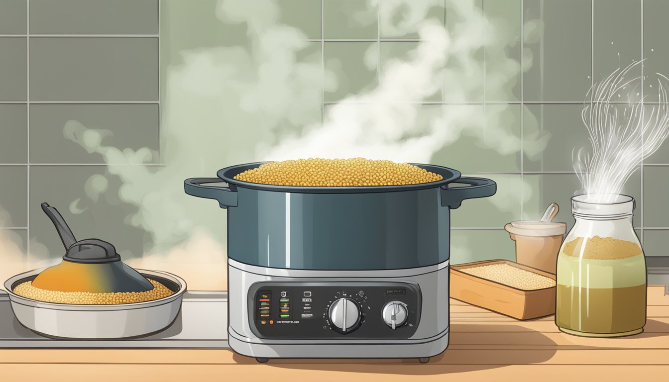 A pot of overcooked sorghum being removed from heat, with steam rising and a timer nearby