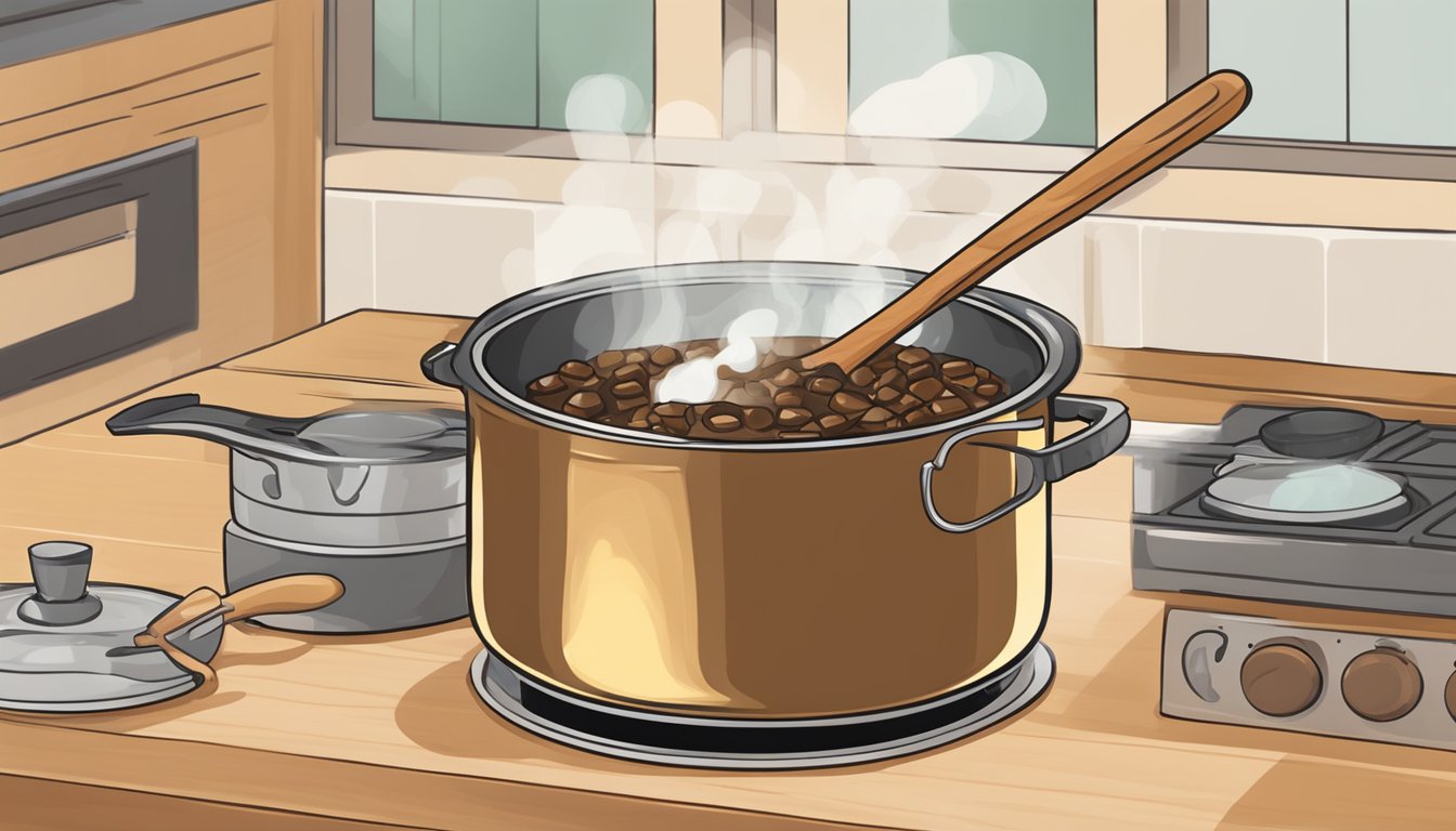 A pot of toffee on a stovetop, with a wooden spoon stirring the bubbling mixture to prevent burning