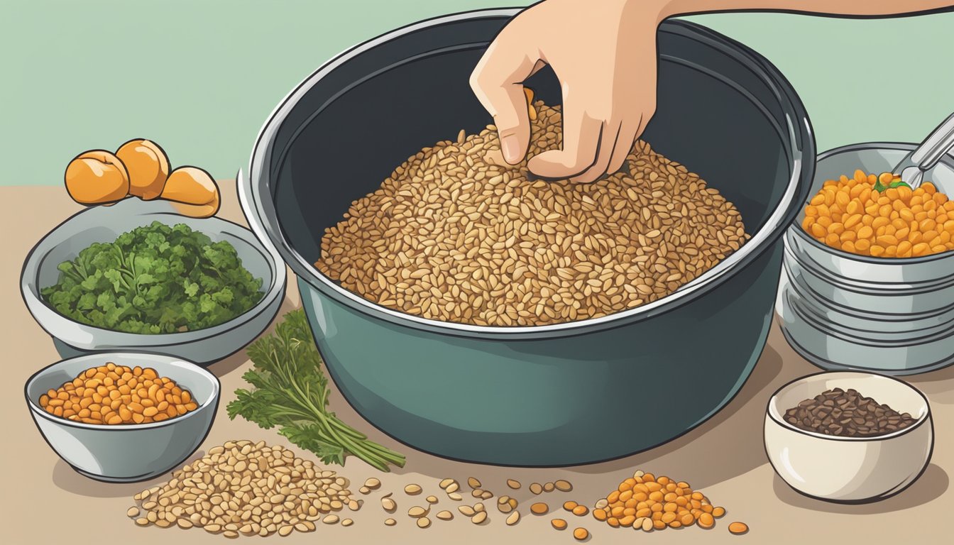 A hand pouring a bowl of overcooked kamut into a compost bin, alongside a variety of fresh ingredients ready to be paired with