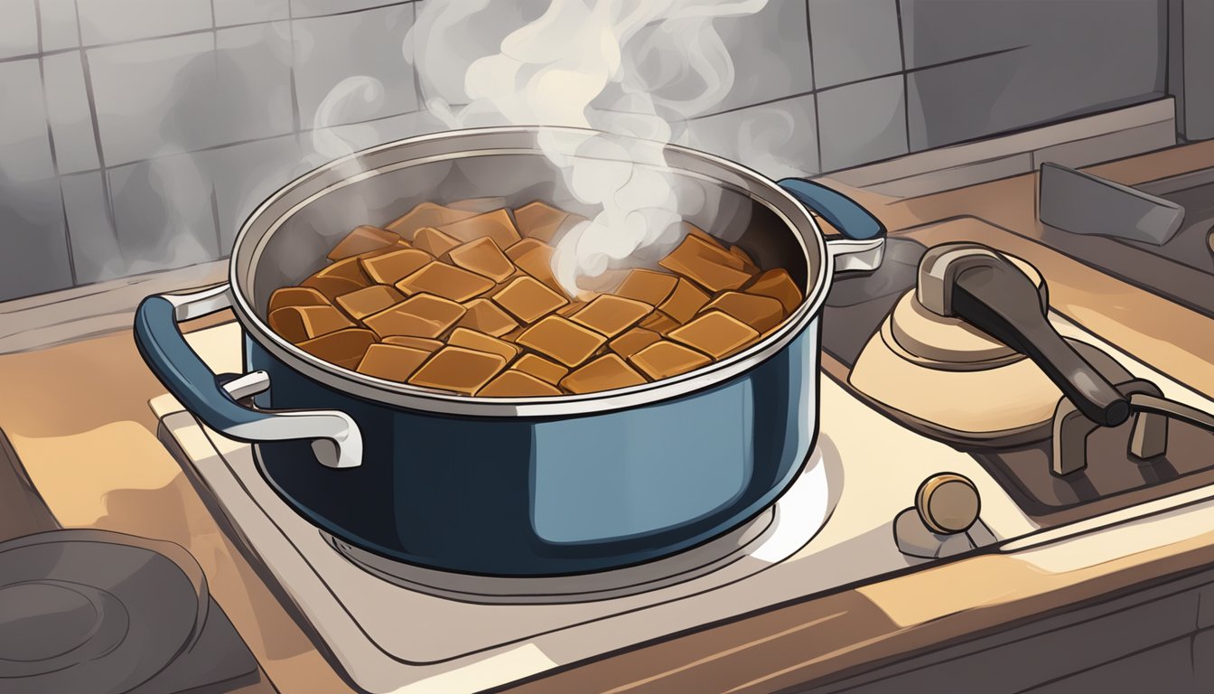 A pot of toffee on a stovetop, with smoke rising and a burnt smell lingering in the air