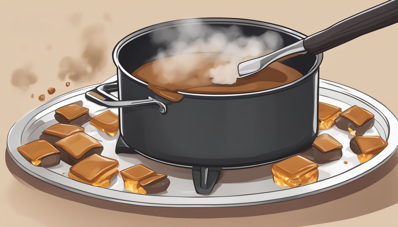 A pot of toffee being removed from heat, with smoke rising and a hand holding a spatula to stir and save the burnt toffee