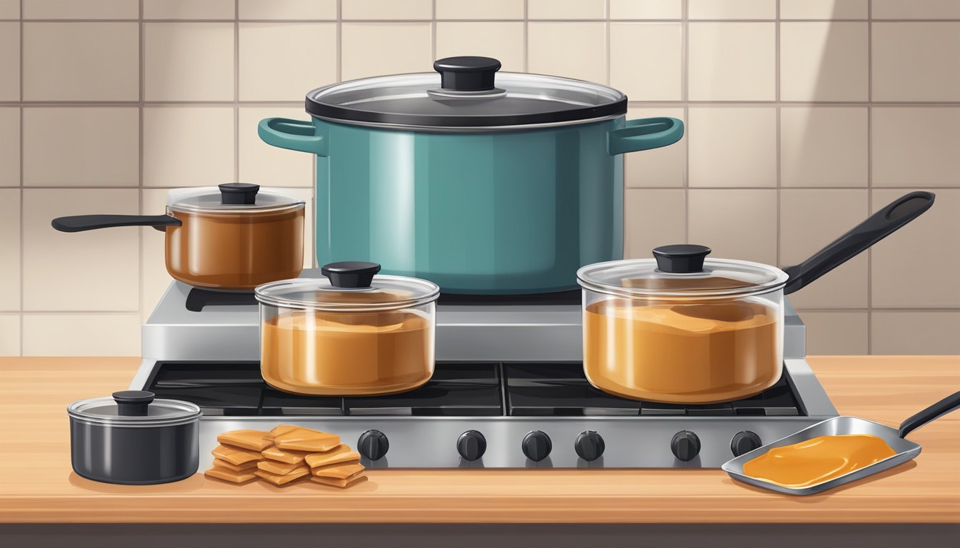 A pot of toffee on the stove, a spatula scraping the bottom. Airtight containers lined up on the counter for storing the finished toffee