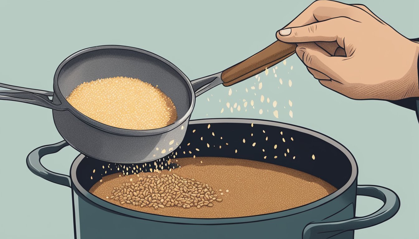 A hand reaching into a pot of overcooked teff, lifting it out to save it from burning