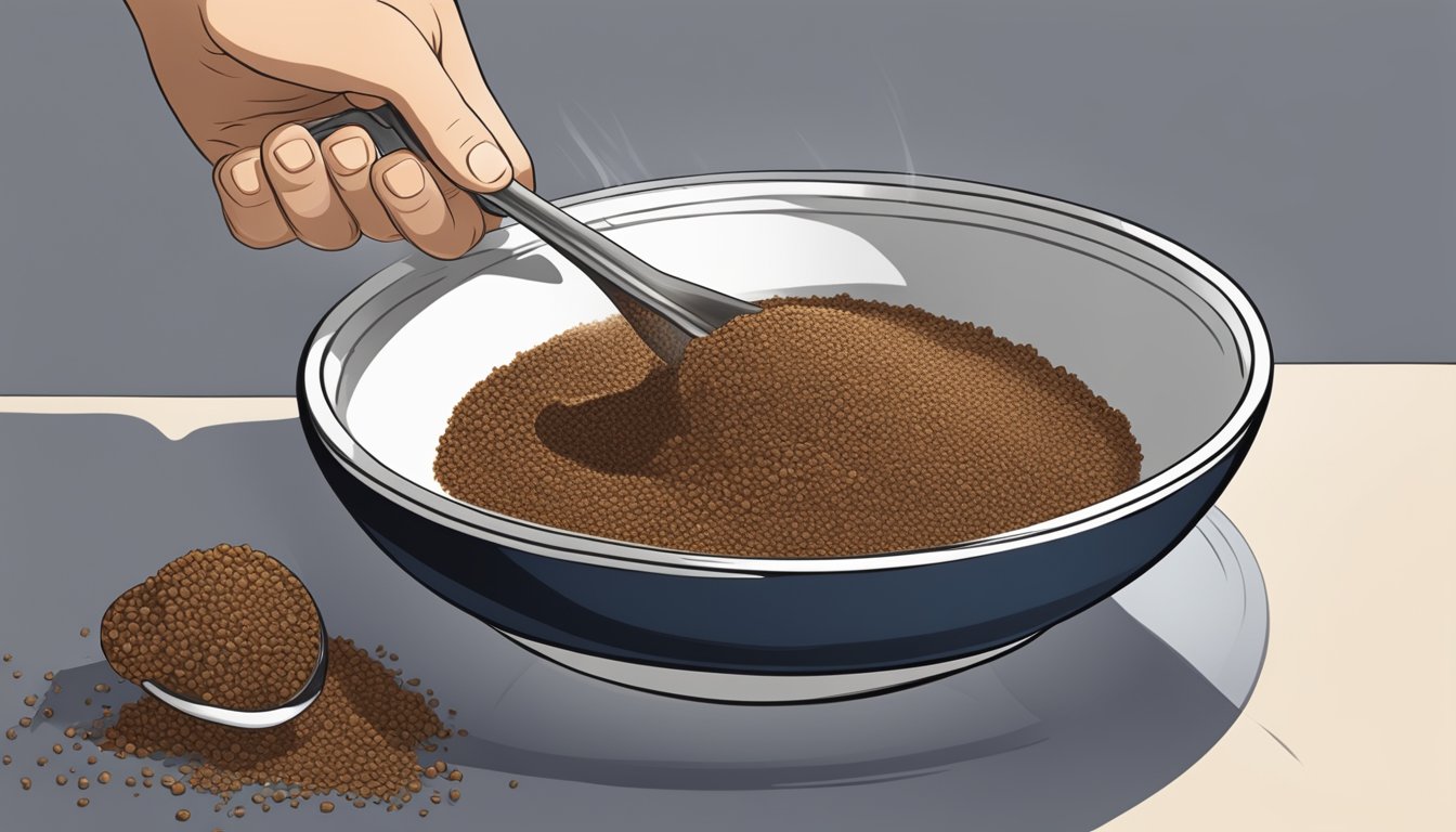 A hand scoops overcooked teff from a pot onto a plate