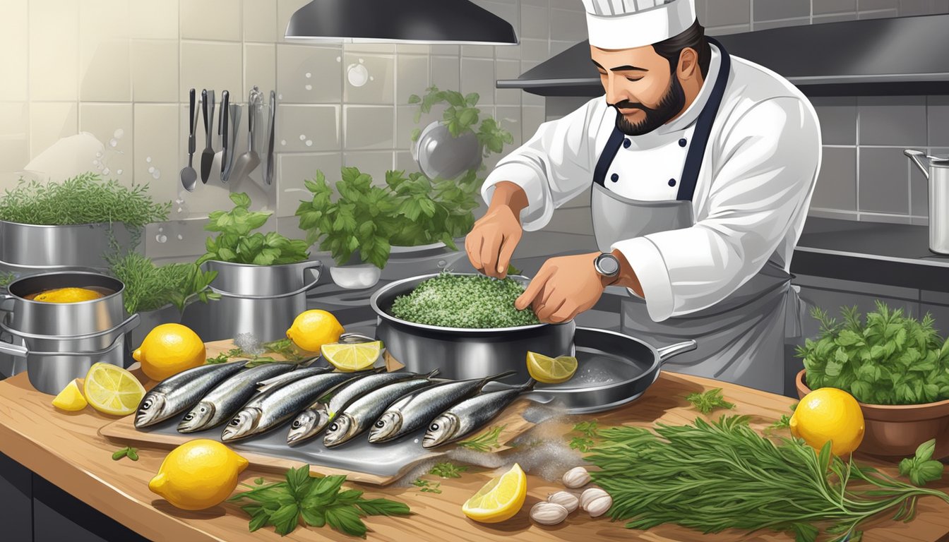 A chef adding fresh herbs and lemon to a sizzling pan of sardines, adjusting the seasoning with a pinch of sugar and a splash of vinegar