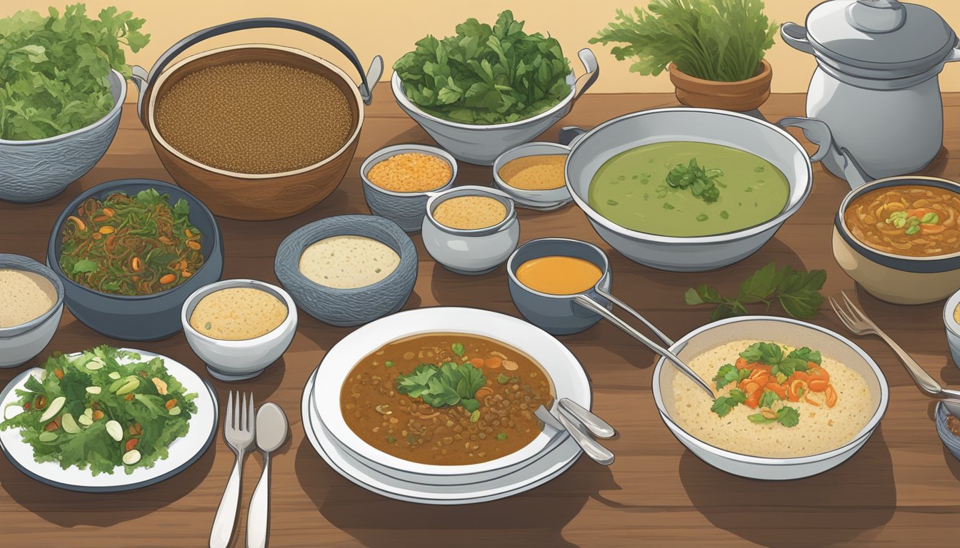 A variety of dishes featuring teff, from salads to soups, with a pot of overcooked teff in the background