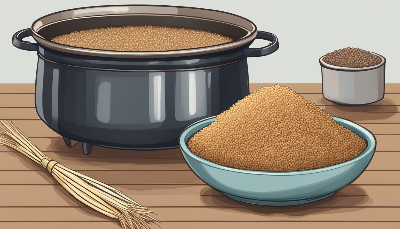 A pot of overcooked teff next to perfectly cooked quinoa, rice, and barley