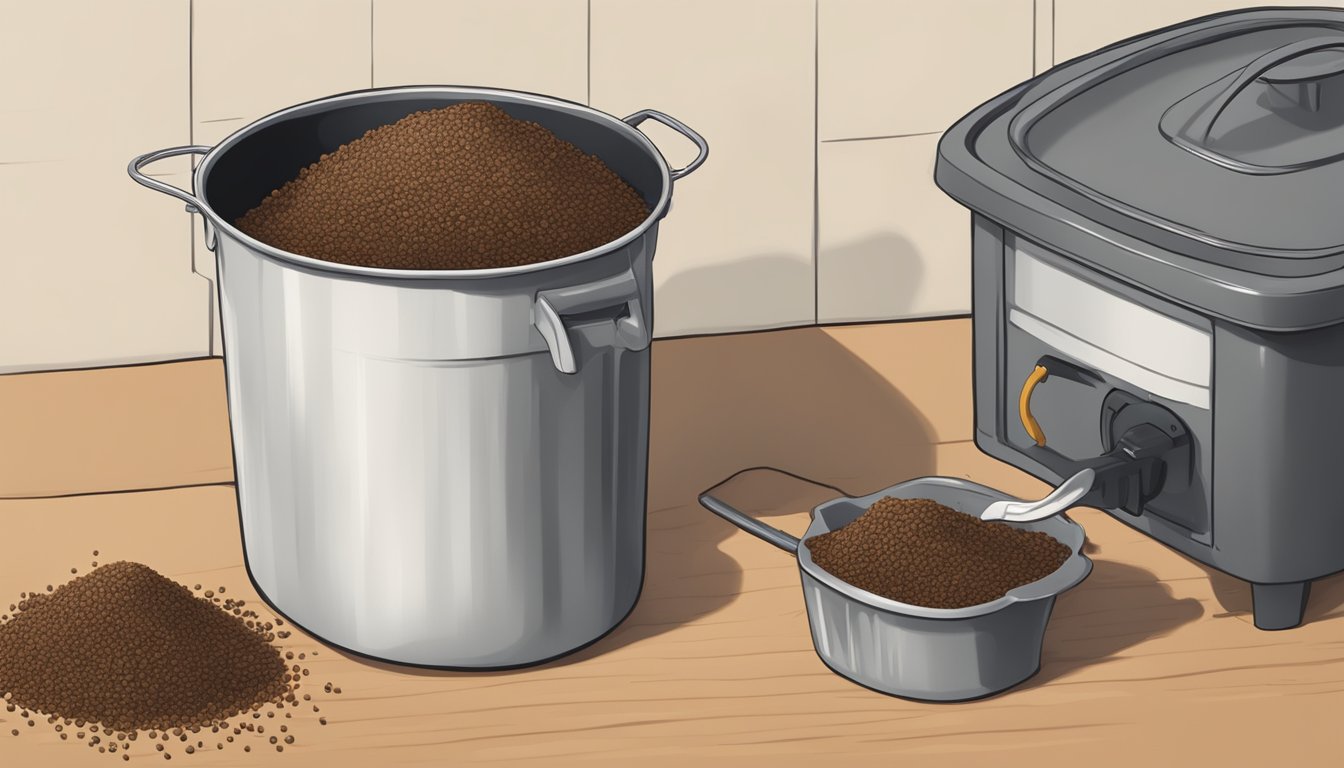 A pot of overcooked teff being poured into a compost bin