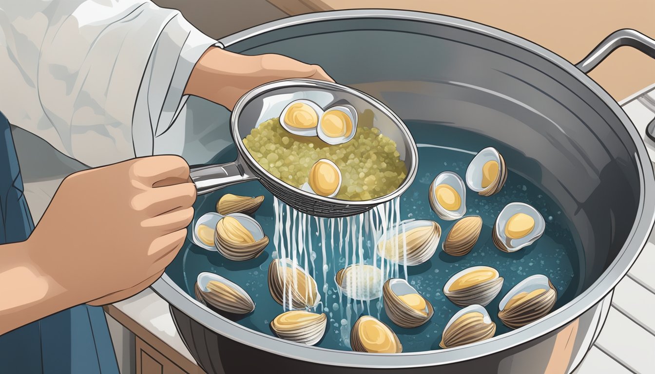 A person pouring a can of clams into a colander under running water to rinse off excess salt