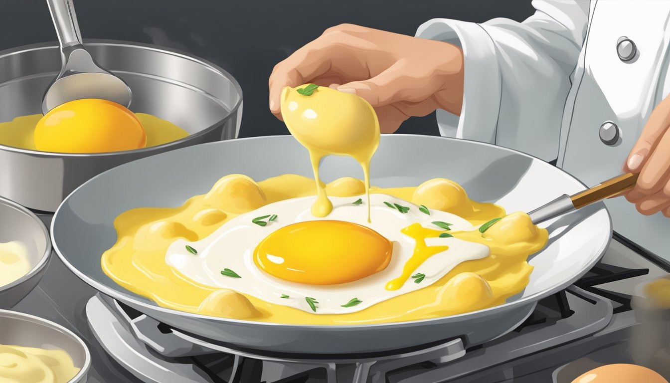 A chef slowly adds melted butter to egg yolks, whisking until the hollandaise sauce thickens to the desired consistency