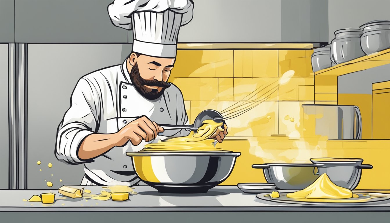 A chef adding small amounts of melted butter to a bowl of separated hollandaise sauce, whisking vigorously until it thickens and becomes smooth